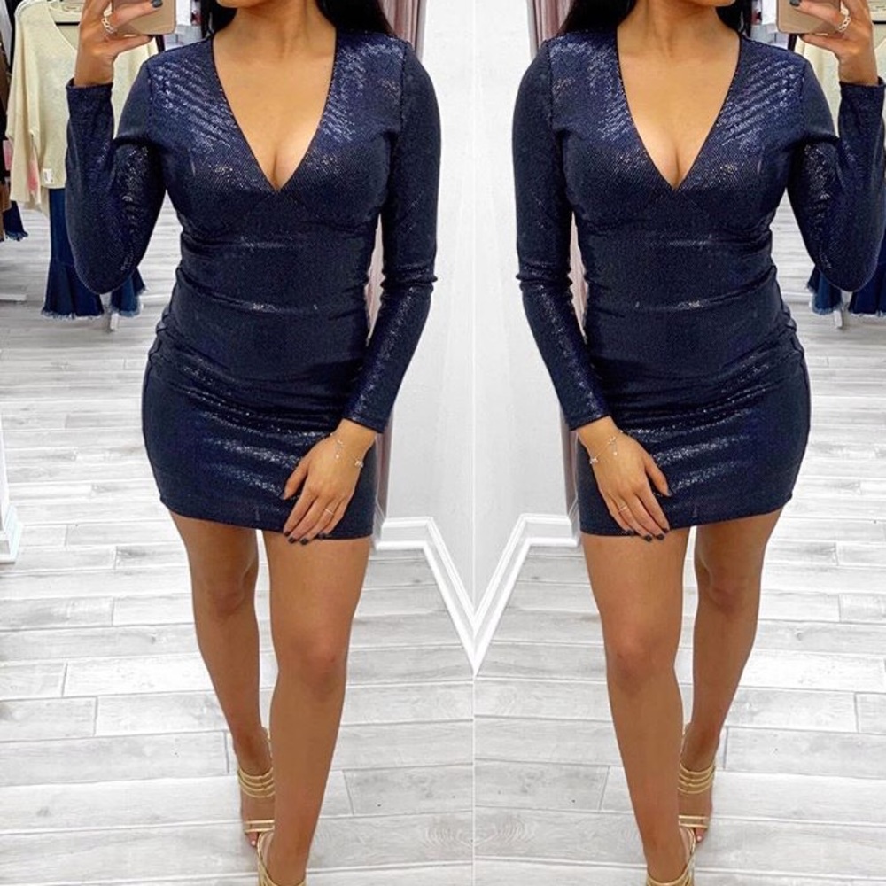 Navy Sparkly Mini Dress with slight shoulder pads